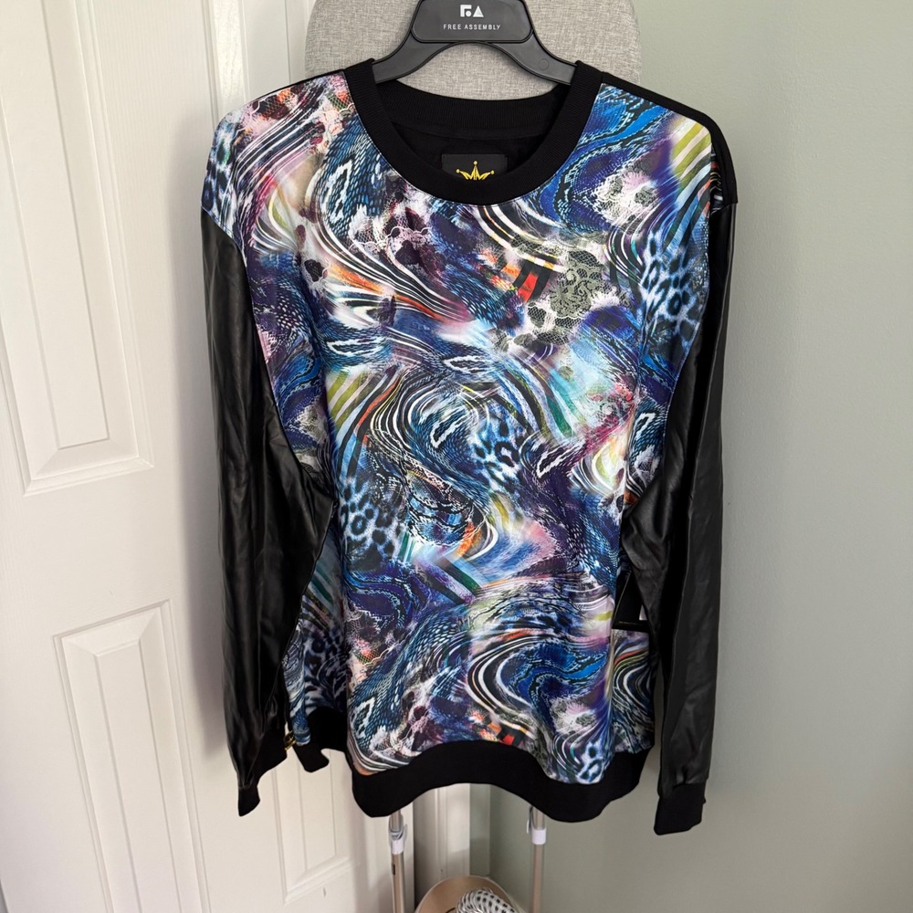Maxi Milian 6XL Abstract Graphic Sweatshirt Faux Leather Sleeve Streetwear NWT